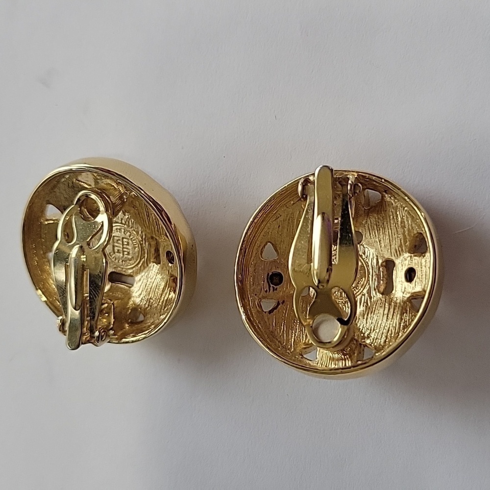 Givenchy Vintage Gold Rhinestone Pearl Circle Clip On Earrings Mob Wife - Picture 10 of 10
